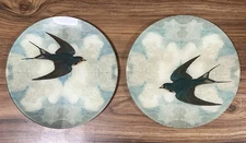 John Derian Swallow In Flight 10” Round 2 Plate Set w/ Hangers Vintage Decoupage