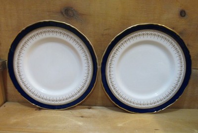 Set Of 2 Royal Worcester Regency Blue & Gold 10½'' Dinner Plates. Look Unused.