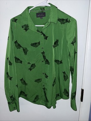 Vintage P.J.K. Small Leaf Green Owl Shimmer Button Up Blouse Chiffon