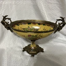 Antique Ornate Hand-Painted Porcelain & Brass Footed Bowl Decorative Centerpiece