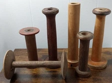 Set 6 Antique Vintage Color Metal End Wooden Industrial Textile Bobbins Spools