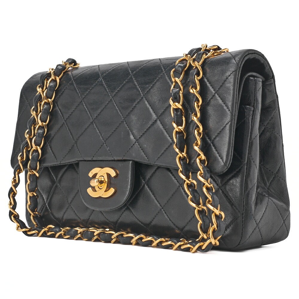 CHANEL 23cm Black Lambskin Matelasse Double Flap Chain Shoulder Bag 799895