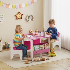 3 Pieces Kids Table and Chair Set, Toddler Table and Chairs Set with Bookshelves
