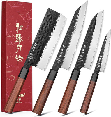 HEZHEN Verkleideter Stahl Küchenmessersets 4-Teilig, Profi Kochmesser Nakiri San