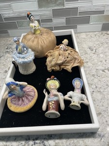4 VINTAGE HALF DOLL PIN CUSHIONS & 2 GERMAN HALF DOLLS