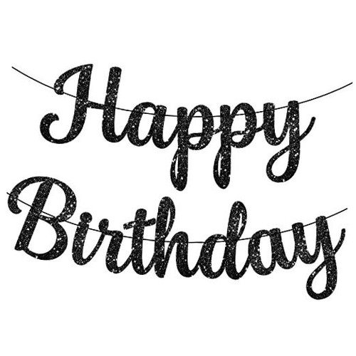 , Cursive Glitter Black Happy Birthday Banner - Pre-Strung, 10 Feet, No DIY |