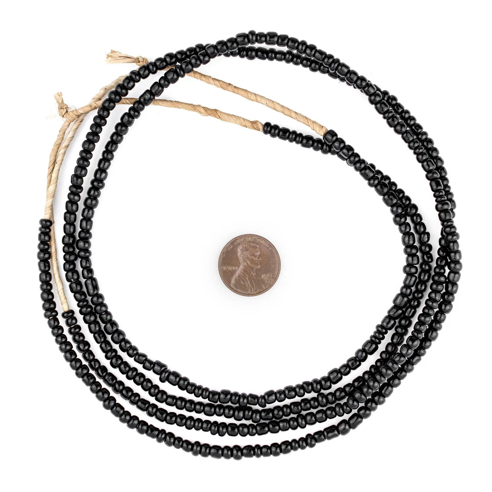 Black Ghana Glass Beads 2 Strands 4mm African Seed 23 Inch Strand Handmade - Image 2 of 4