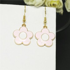Cute New Yellow Gold Plated Pink Enamel Retro Flower Charm Hook Dangle Earrings