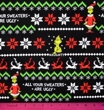 Grinch Christmas Fabric - HALF YARD - 100 Cotton - Quilting Dr. Seuss Holiday