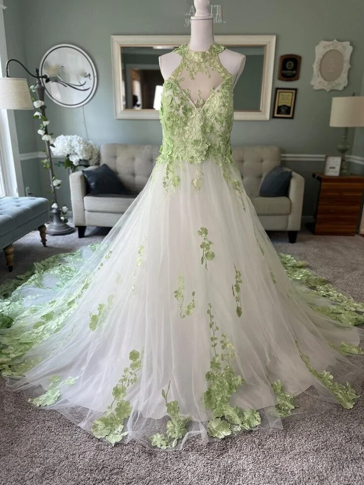 slim fit dress slacks Black Wedding Dress with Green Lace 6 / Extra Sleeves main image 0