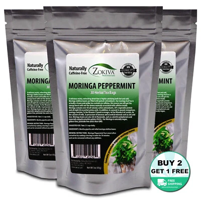 ZOKIVA NUTRITIONALS Moringa Peppermint Tea Bags 3-Pack (90) Caffeine-Free With Organic Moringa Leaf
