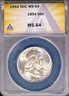 1954 50c Silver Ben Franklin Half-dollar MS 64 ANACS # 7695994 + Bonus