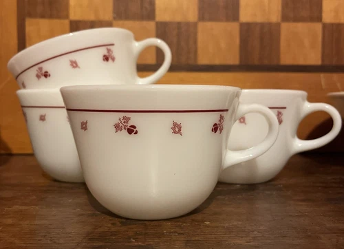 4 Vintage Pyrex Coffee Tea Cup Mug Tableware Corning Burgundy Rose Milk Glass