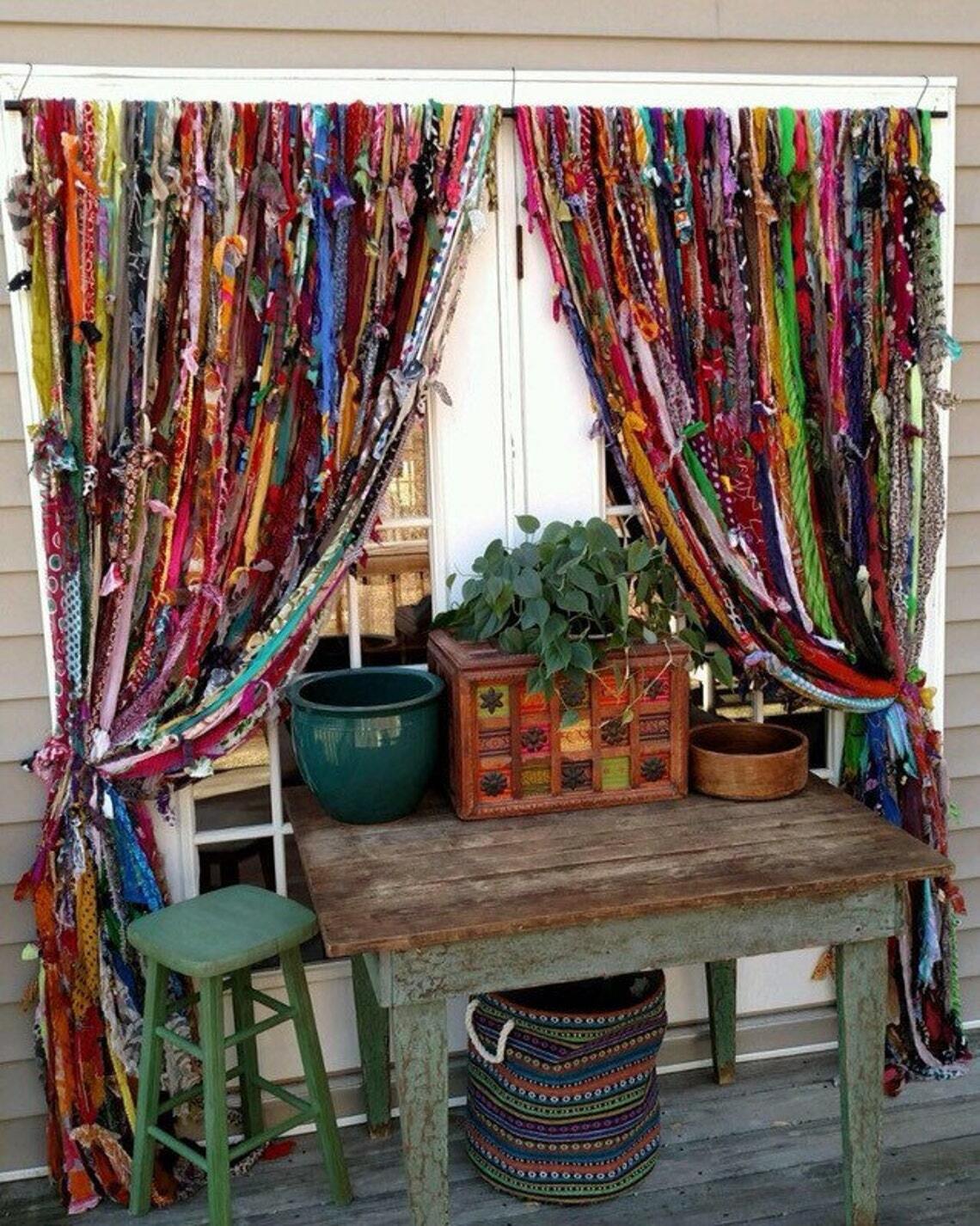 100 Strands Bohemian Gypsy Rag Window Valance Indian Backdrop Curtains