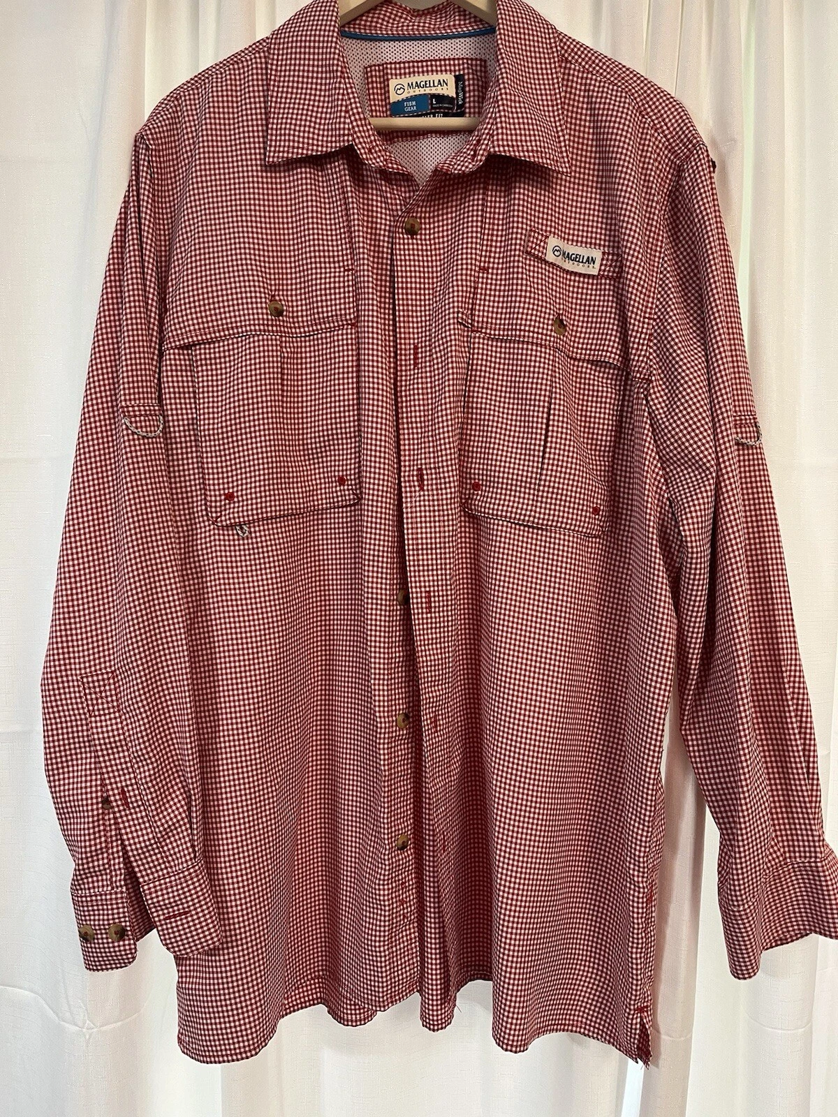 Magellan Fish Gear Mens Red White Check Long Sleeve Button Down Shirt Size L EUC
