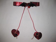 Metallic bat choker w/string connected nipple covers  bells red cyberpunk goth