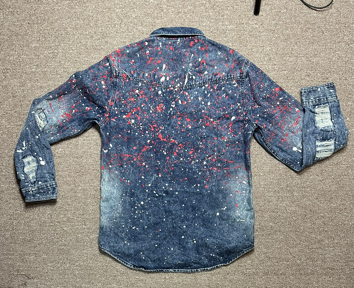 Mens Denim Jacket Paint Splatter Distressed Wrecked R… Gem