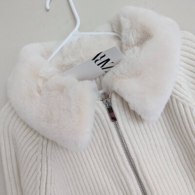 ZARA FAUX FUR COLLAR KNIT CARDIGAN L ECRU WHITE NWT | eBay