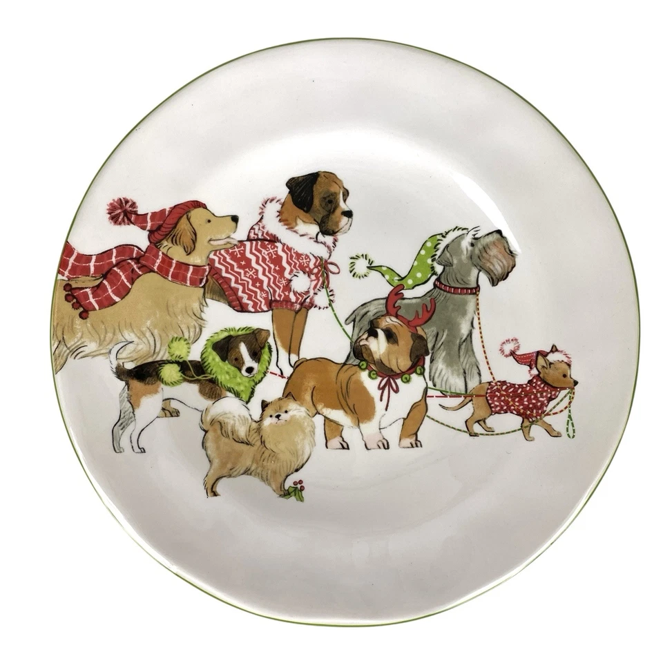 "Juego de 4 platos de ensalada Pier 1 Imports Park Avenue cachorros 8 3/4"" perros pintados a mano" Foto 4 de 4