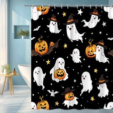 Halloween Ghost Shower Curtain with Pumpkins and Bats