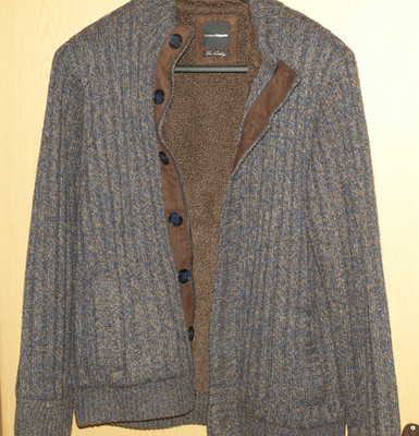 Strickjacke Charles Vögele, braun-blau meliert, warmes Teddy-Futter, Größe 54
