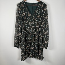 Lulus Women’s Emerald Green Dress Short Tie Waist Sheer Puff Sleeve XL Floral