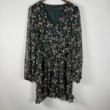 Lulus Women’s Emerald Green Dress Short Tie Waist Sheer Puff Sleeve XL Floral