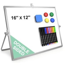 Dry Erase White Board with Stand, 16"x12" Double-Sided Magnetic Silver