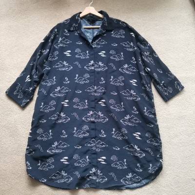 Monki Womens Oversized Shirt Dress Button 3/4 Sleeve Navy Blue Print Size L
