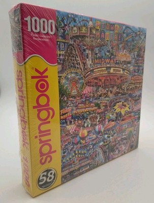 Midway Mania COMP 1000pc Puzzle Roller Coaster Funhouse Food Carousel Cartoonish
