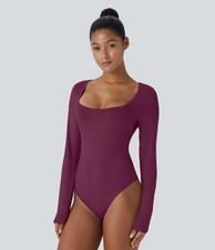 NWT Halara U Neck Long Sleeve Snap Button Skinny Work Bodysuit Red Violet XL