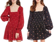 Free People $128 Two Faces Floral Print Smocked Mini Dress Red or Black