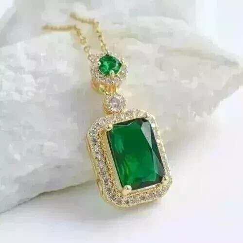 3,10 kt Radiant Cut natürlicher grüner Smaragd Heiligenschein Anhänger 14 K Gelbgold vergoldet - Bild 6 von 7