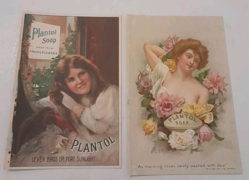 Dos insertos publicitarios ilustrados antiguos de colores para jabón Lever Bros Plantol - Imagen 1 de 4