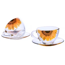 STPGOODS Sunflowers Glass Teacup with Saucer Set Of 2 [200 ml ea] Tea Cup Set