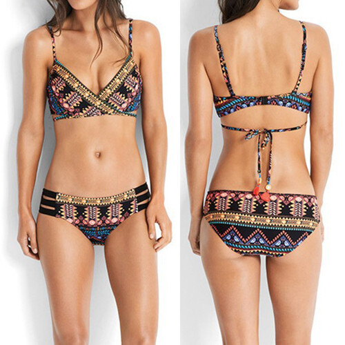 Padded Push Up Bikini Set Bohemian Vintage Halter Bathing Suits 2 Pcs Swimsuit