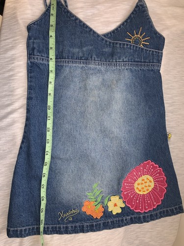 Vintage Y2K Girls Floral Size 10 Chambray Denim Short Cartoon Pupi Mini Dress - Picture 7 of 9