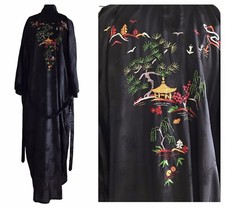 Dead Stock NWT Vintage Hand Embroidered ESME Chinese Robe Kimono Sz XL Black