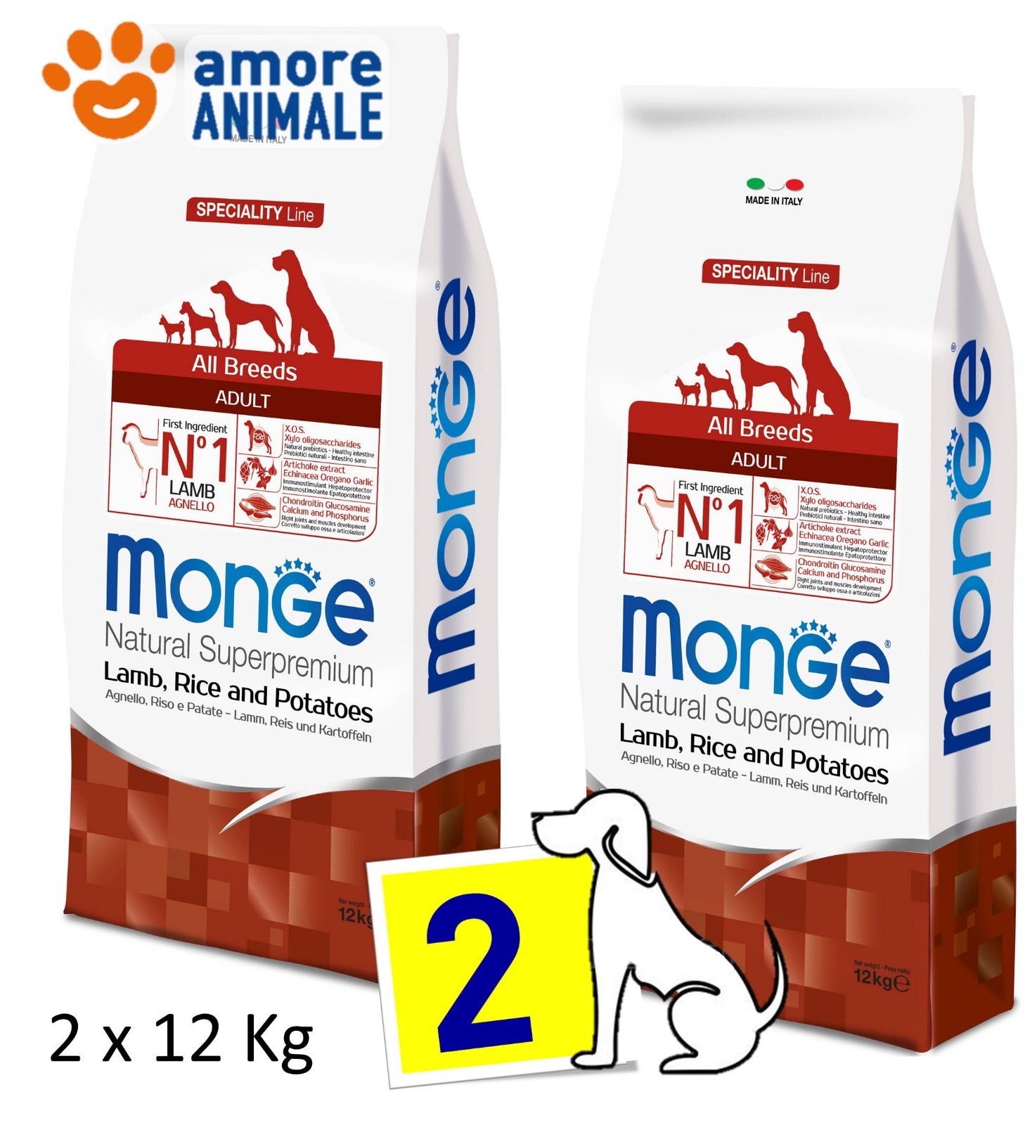 2 SACCHI - Monge All Breeds Adult Agnello Riso e Patate 12 kg - Per cane, cani