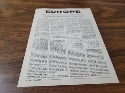 Europe ''No Swedish Meatballs'' Hit Parader Magazine Article