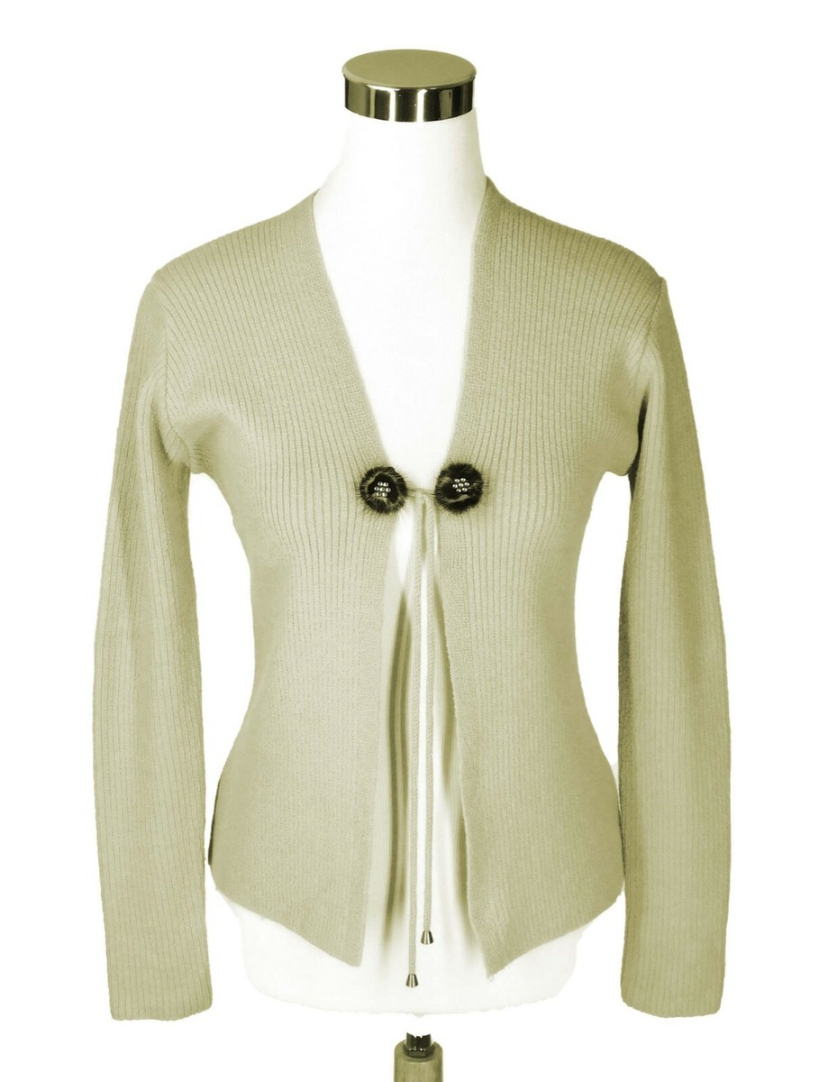 Women's Beige Tan Open Cardigan Sweater Rabbit Fur Rhinestone