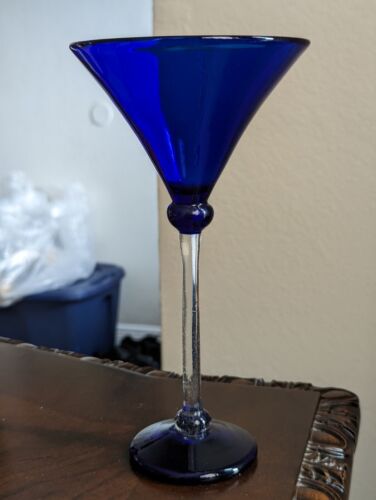 Rick Strini Art Glass Cobalt Blue Long Stemmed Martini Cocktail Glass RARE 9.5