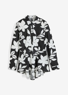 Longbluse Gr. 44 Schwarz Weiß Geblümt Damen Bluse Hemd Shirt Tunika Oberteil Neu
