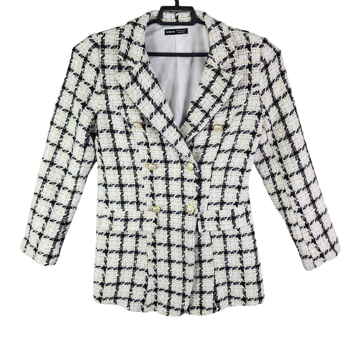 Womens Shein Black White & Gold Checkered Tweed Blazer Womens Shein Black White & Gold Checkered Tweed Blazer