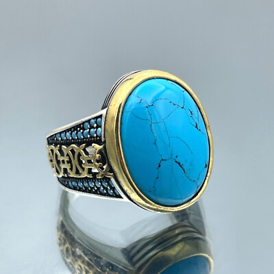 Men's Turquoise Oval Blue Stone Ring Natural Stone Ring 925 Sterling Silver  Ring