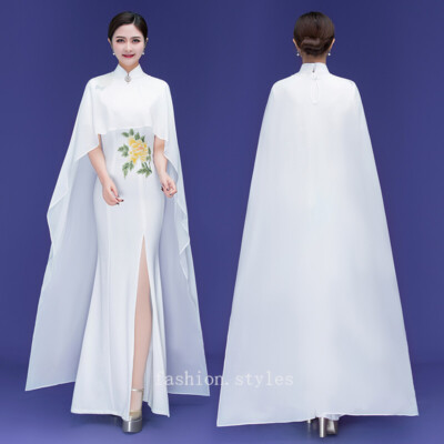 Runway Women Mesh Cape Cheongsam Qipao Long Mermaid Dress Slit Stand Collar Slim