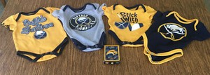 4 Official NHL SABRES infant bodysuits 0-9 mos.,SABRES hockey playing cards,MINT