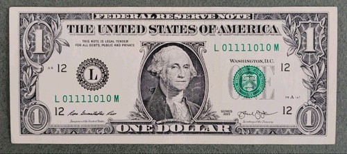 2013 1$ DOLLAR BILL WITH A FANCY 1/0 BINARY SERIAL # L 01111010 M !