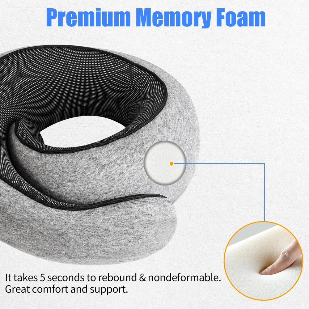Memory Foam Travel Neck Pillow with 360° Support for Airplane Comfort