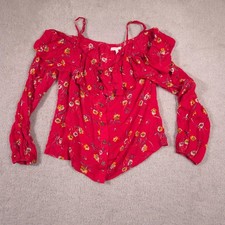 Maurices Blouse Womens Small Red Floral Off Shoulder Button Long Sleeve Top
